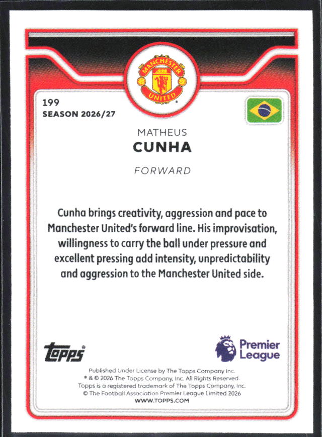2026-27 Topps Premier League #199 Matheus Cunha – baksida