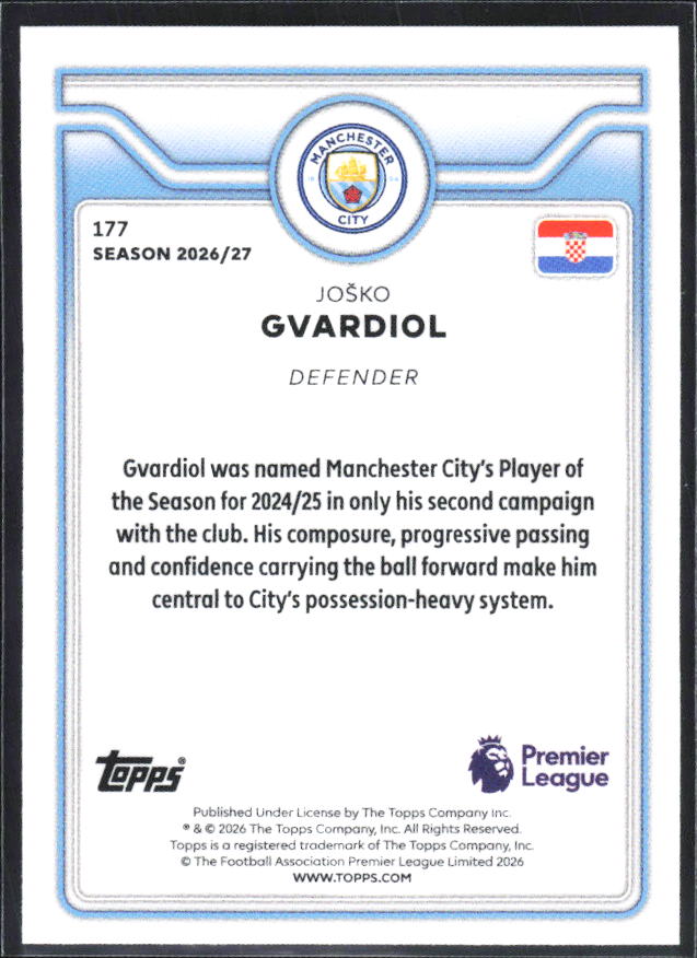 2026-27 Topps Premier League #177 Joško Gvardiol – baksida