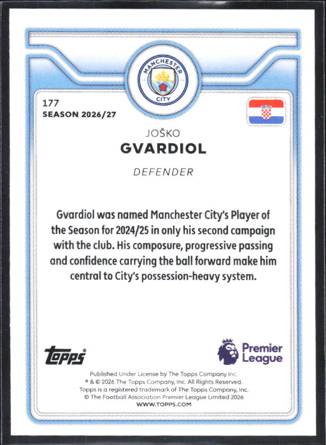 2026-27 Topps Premier League #177 Joško Gvardiol – baksida