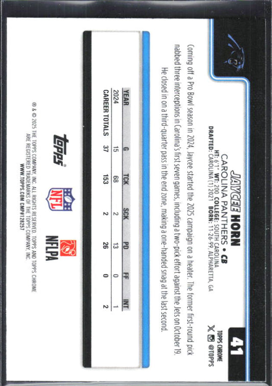 2025 Topps Chrome #41 Jaycee Horn – baksida