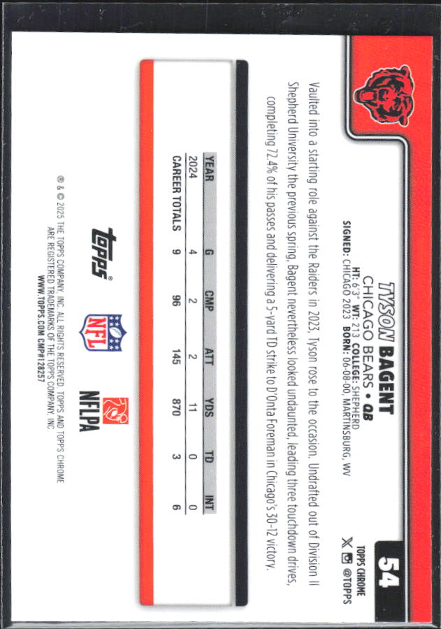 2025 2025 Topps Chrome #54 Tyson Bagent – baksida
