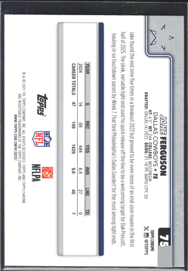 2025 Topps Chrome #75 Jake Ferguson – baksida