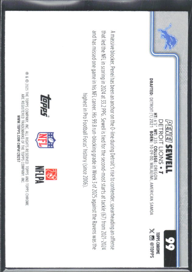 2025 Topps Chrome #99 Penei Sewell – baksida