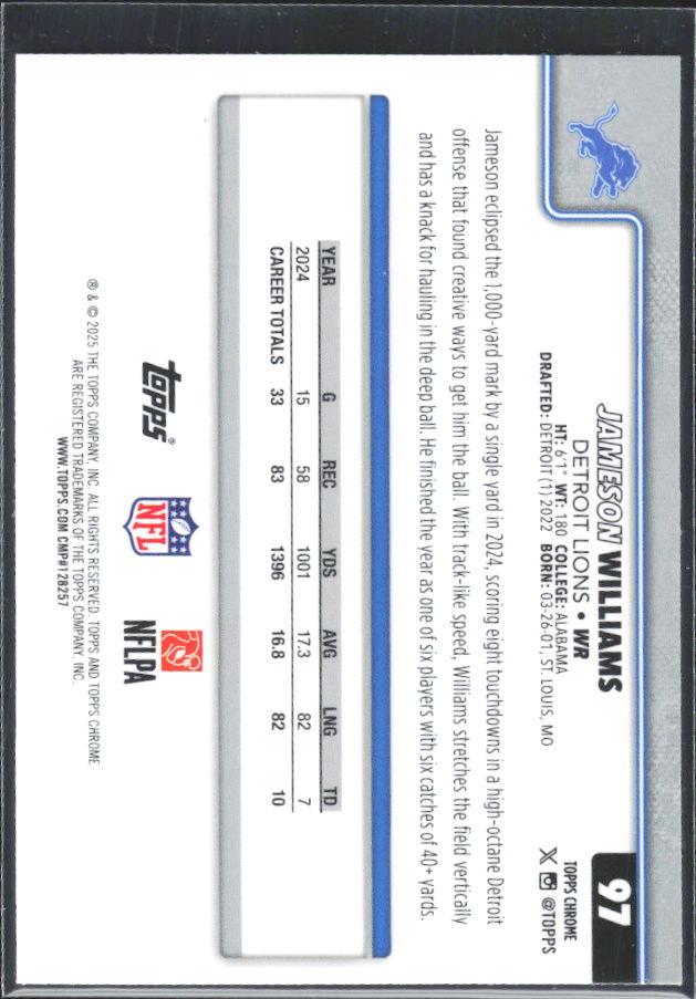 2025 Topps Chrome #97 Jameson Williams – baksida