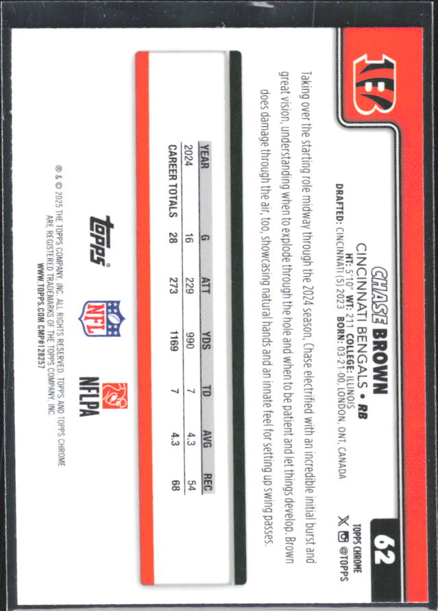 2025 Topps Chrome #62 Chase Brown – baksida