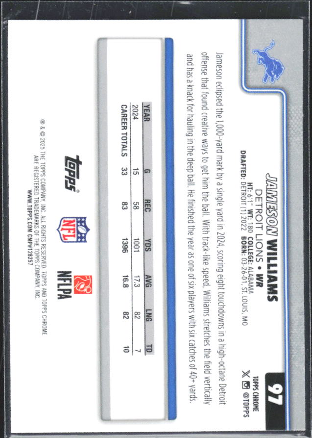2025 Topps Chrome #97 Jameson Williams – baksida