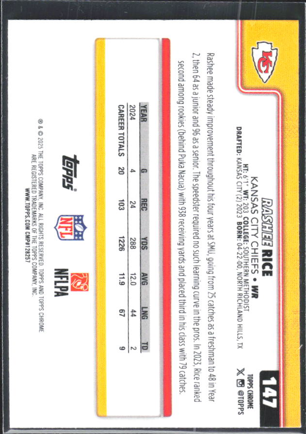 2025 Topps Chrome #147 Rashee Rice – baksida
