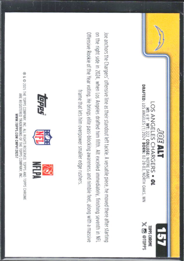 2025 Topps Chrome #157 Joe Alt – baksida