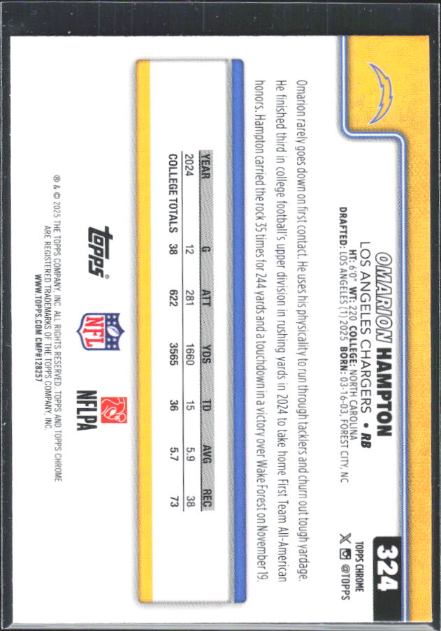 2025 Topps Chrome #324 Omarion Hampton – baksida