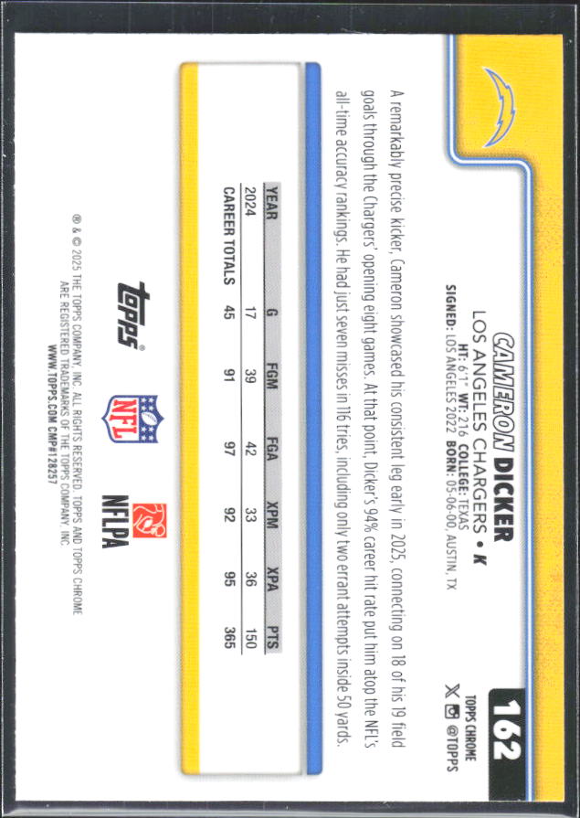 2025 Topps Chrome #162 Cameron Dicker – baksida