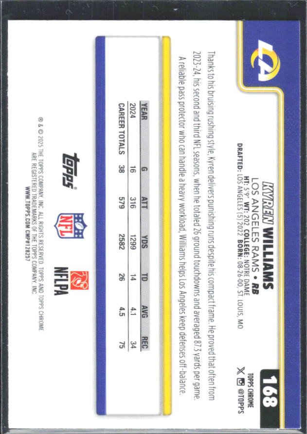 2025 Topps Chrome #168 Kyren Williams – baksida