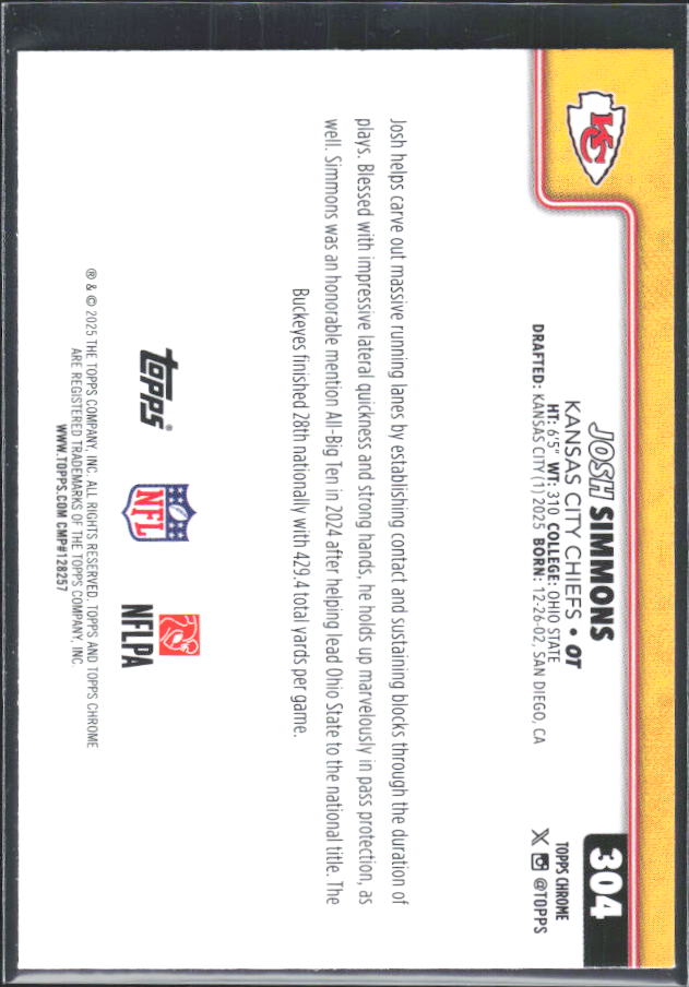 2025 Topps Chrome #304 Josh Simmons – baksida