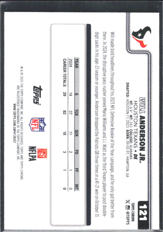 2025 Topps Chrome #121 Will Anderson Jr. – baksida