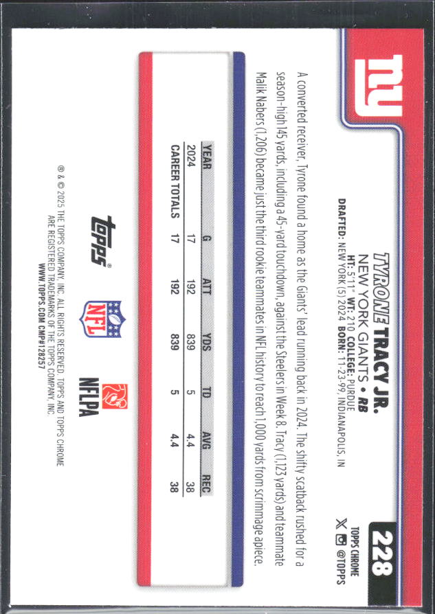 2025 Topps Chrome #228 Tyrone Tracy Jr. – baksida