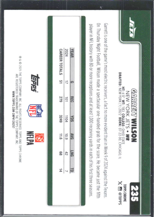 2025 Topps Chrome #235 Garrett Wilson – baksida