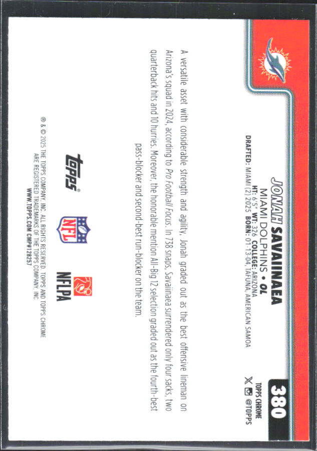 2025 Topps Chrome #380 Jonah Savaiinaea – baksida