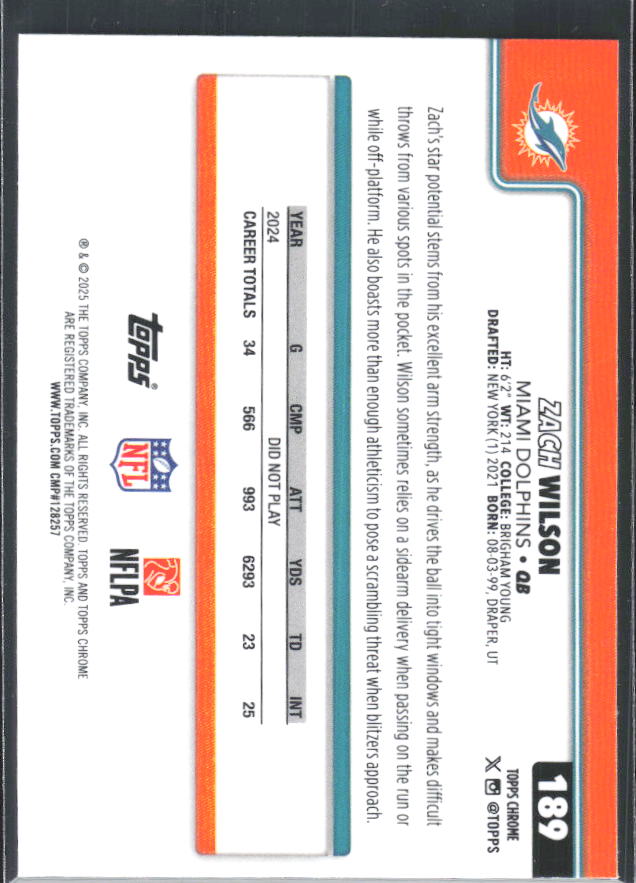 2025 Topps Chrome #189 Zach Wilson – baksida