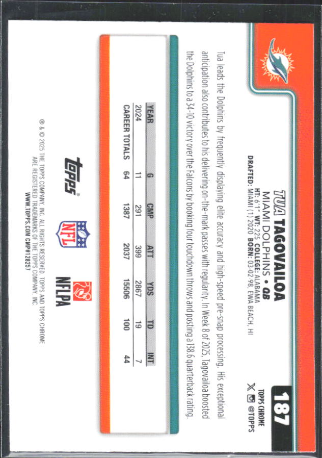2025 Topps Chrome #187 Tua Tagovailoa – baksida