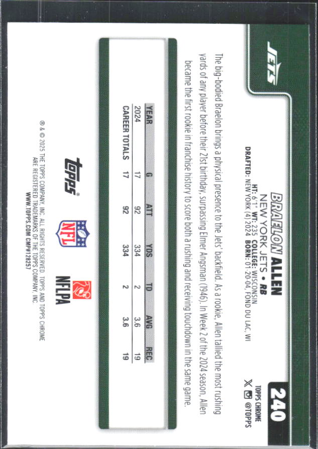 2025 Topps Chrome #240 Braelon Allen – baksida