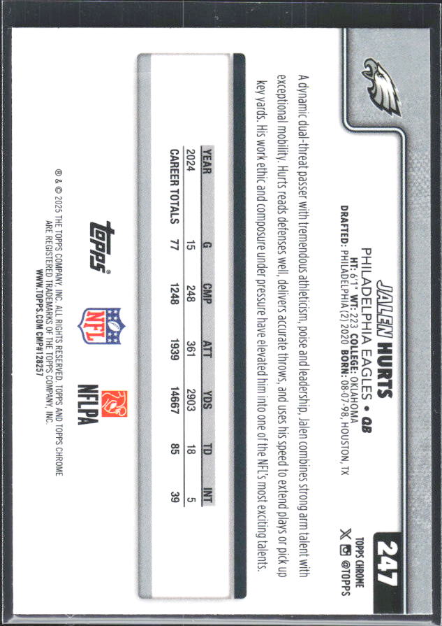 2025 Topps Chrome #247 Jalen Hurts – baksida