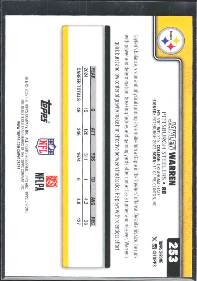 2025 Topps Chrome #253 Jaylen Warren – baksida