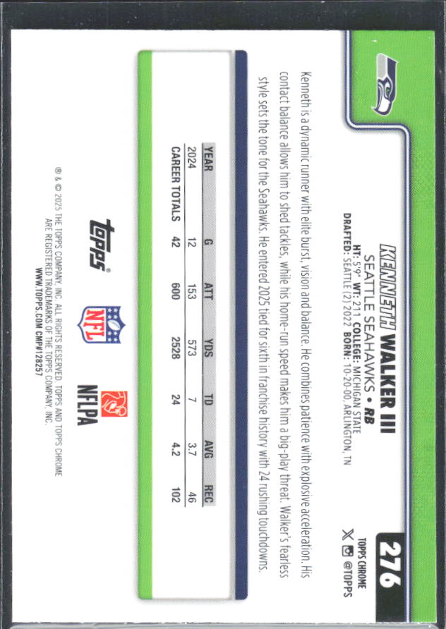2025 Topps Chrome #276 Kenneth Walker III – baksida