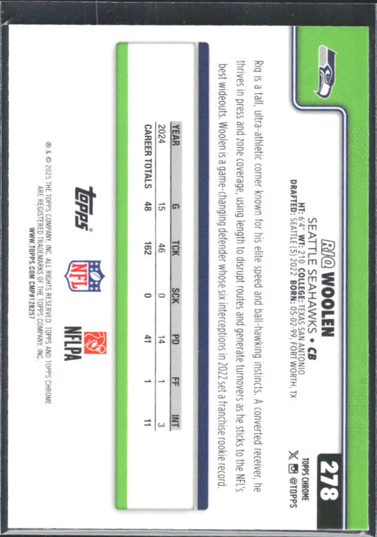 2025 Topps Chrome #278 Riq Woolen – baksida