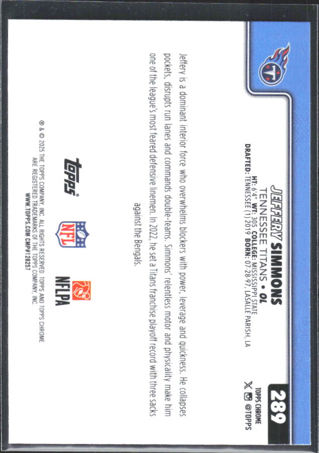 2025 Topps Chrome #289 Jeffery Simmons – baksida