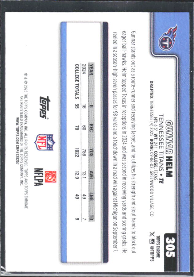 2025 2025 Topps Chrome #305 Gunnar Helm – baksida