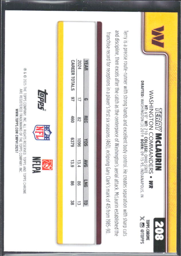 2025 Topps Chrome #208 Terry McLaurin – baksida