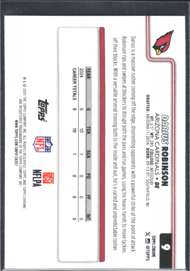 2025 Topps Chrome #9 Darius Robinson – baksida