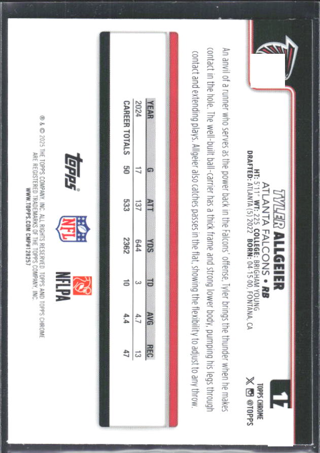2025 Topps Chrome #17 Tyler Allgeier – baksida