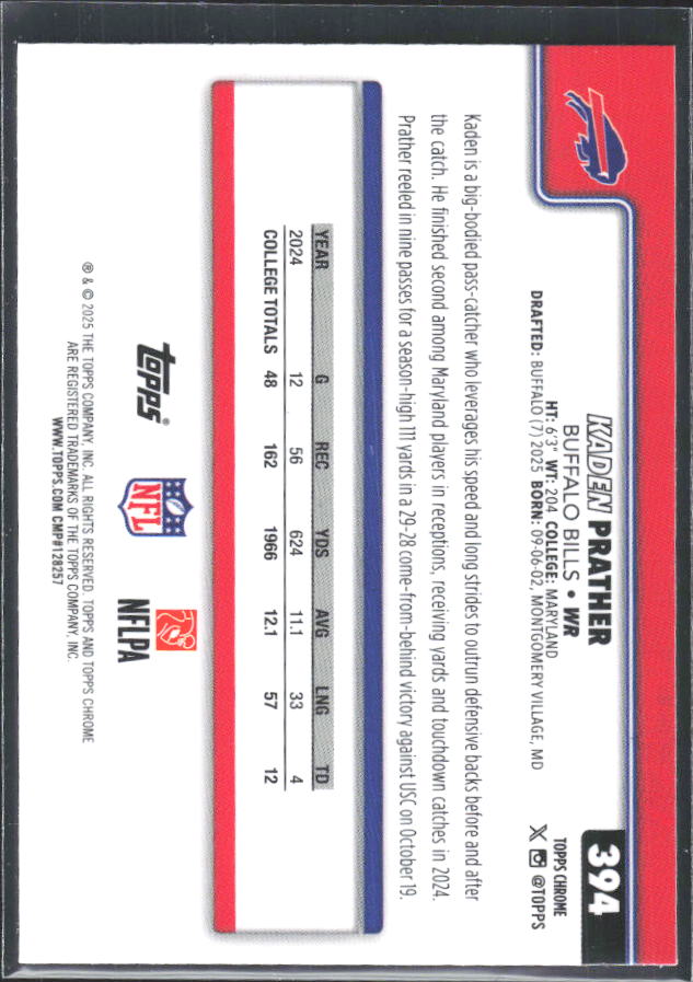2025 Topps Chrome #394 Kaden Prather – baksida