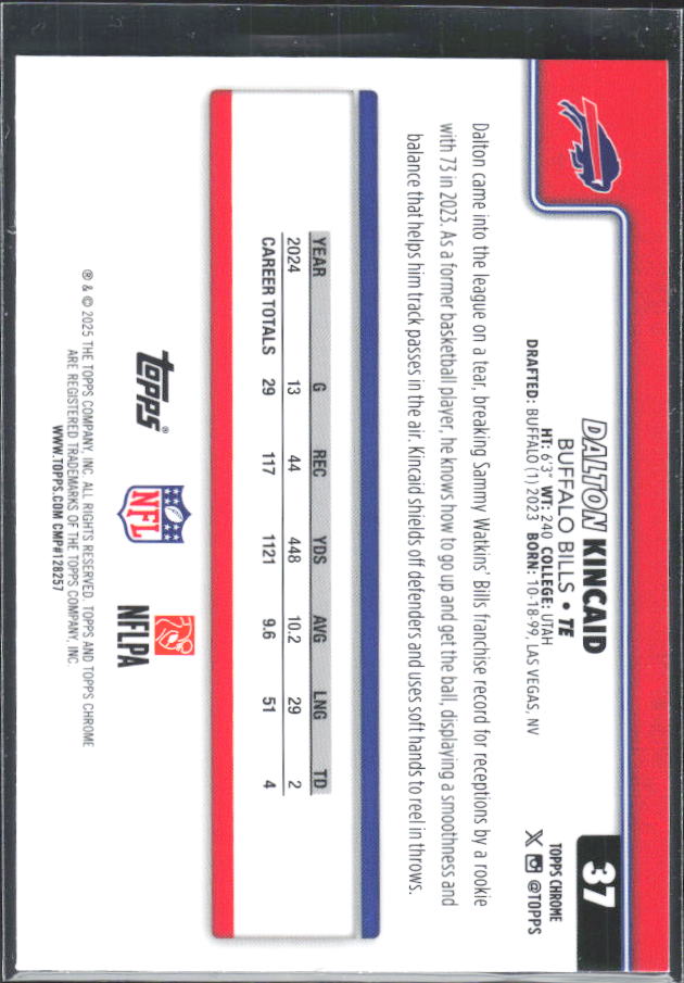 2025 Topps Chrome #37 Dalton Kincaid – baksida