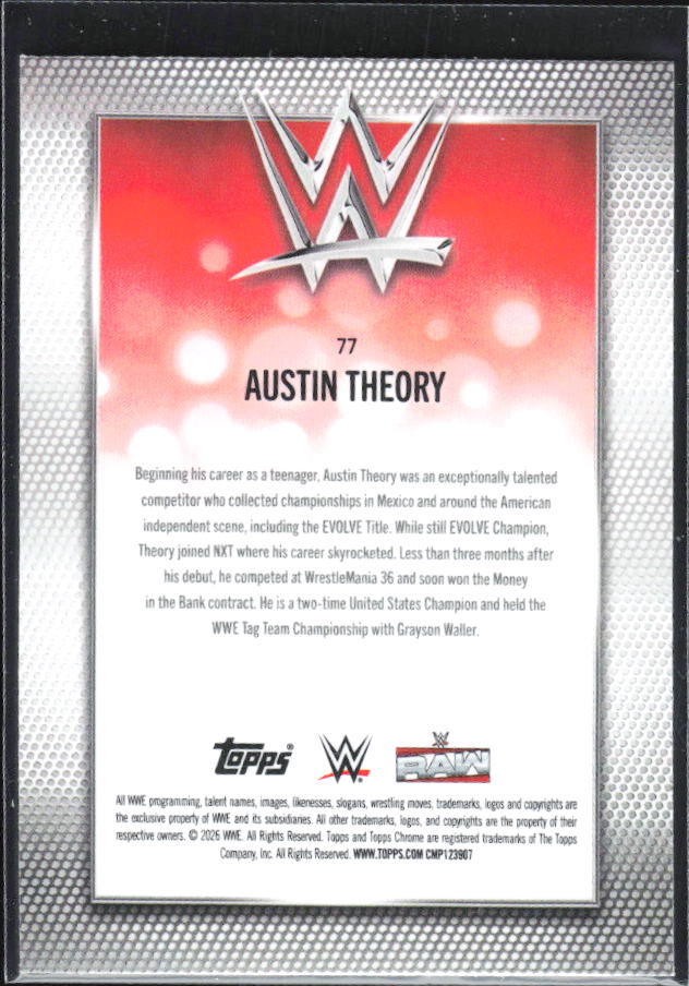 2026 Topps Chrome WWE #77 Austin Theory – baksida
