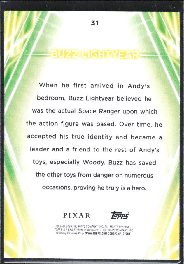 2026 Topps Disney Neon #31 Buzz Lightyear – baksida