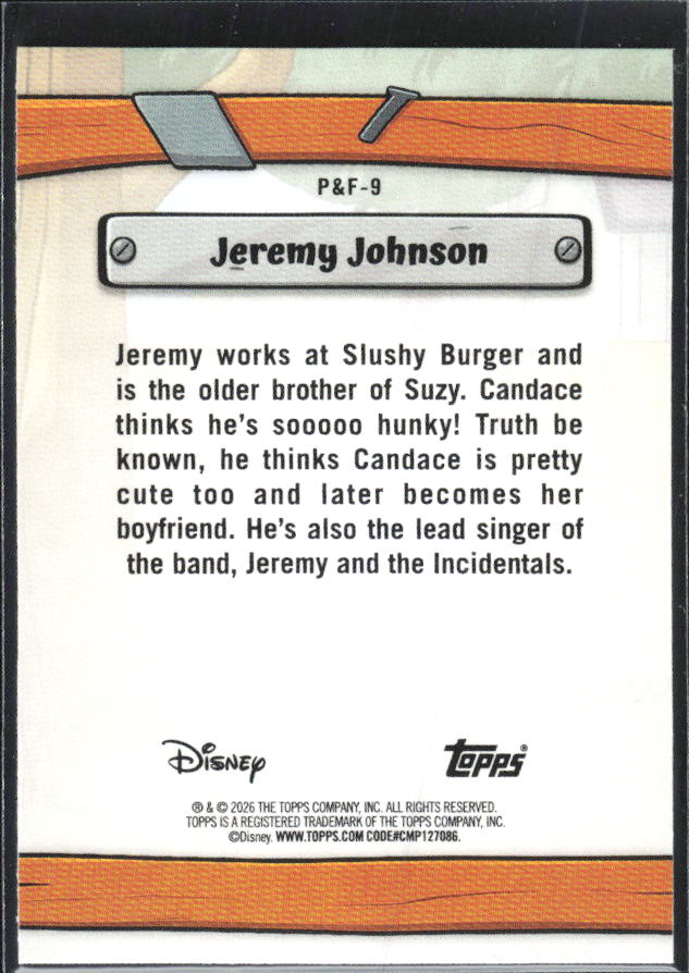 2026 Topps Disney Neon #P&F-9 Jeremy Johnson Phineas & Ferb – baksida