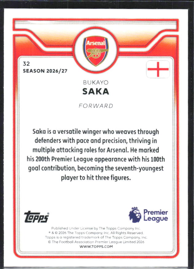2026-27 Topps Premier League #32 Bukayo Saka – baksida