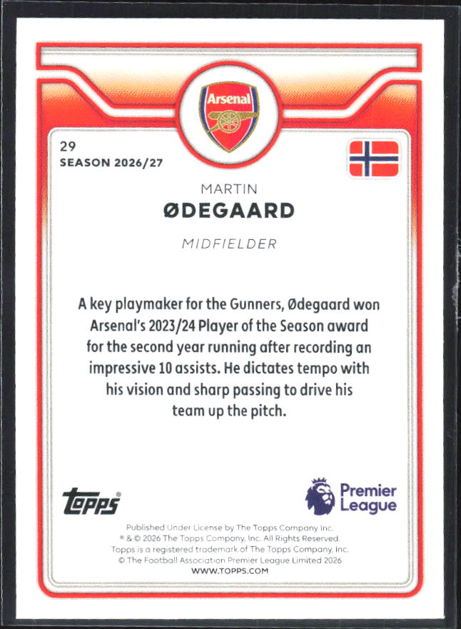 2026-27 Topps Premier League #29 Martin Ødegaard – baksida