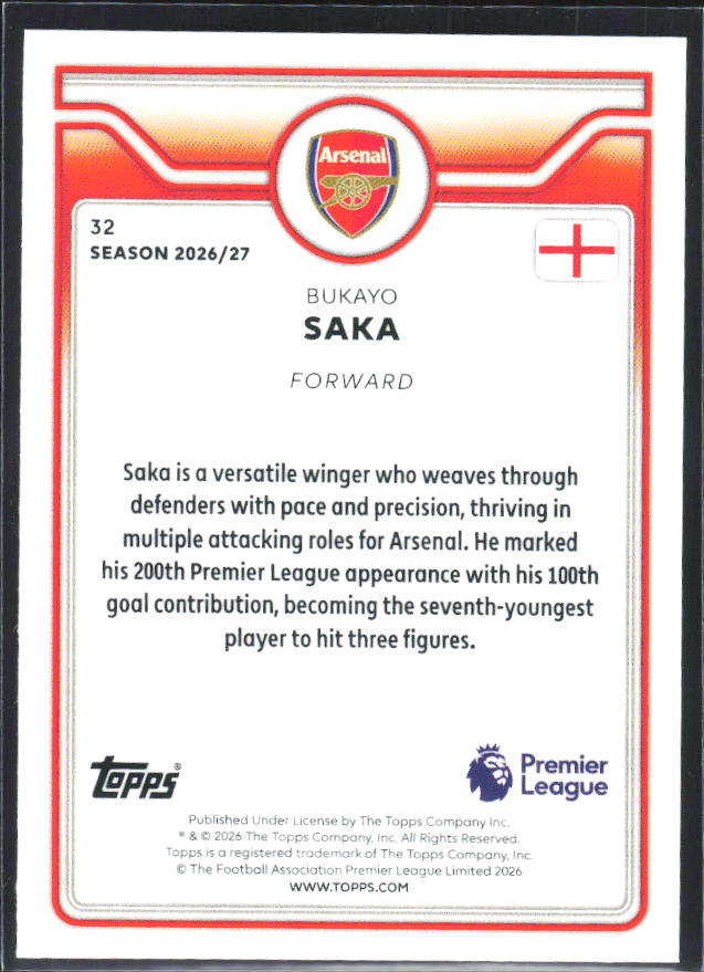 2026-27 Topps Premier League #32 Bukayo Saka – baksida
