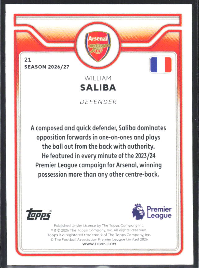 2026-27 Topps Premier League #21 William Saliba – baksida