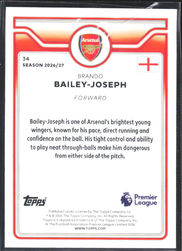 2026-27 Topps Premier League #34 Brando Bailey-Joseph – baksida