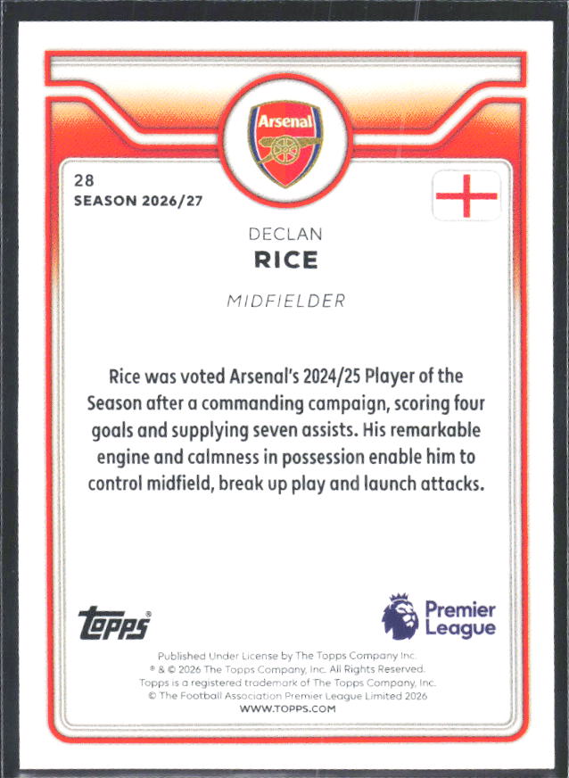 2026-27 Topps Premier League #28 Declan Rice – baksida