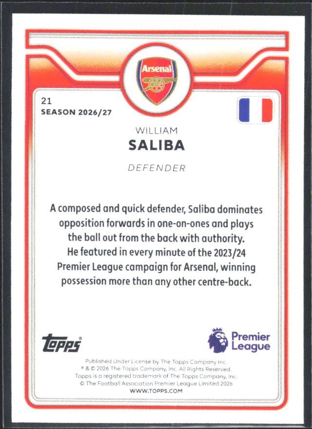2026-27 Topps Premier League #21 William Saliba – baksida