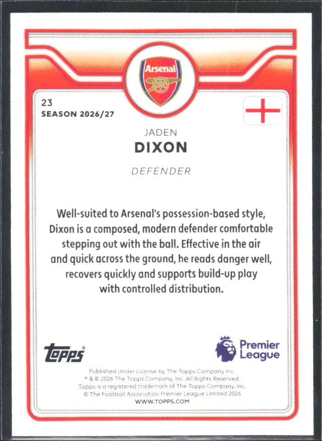 2026-27 Topps Premier League #23 Jaden Dixon – baksida