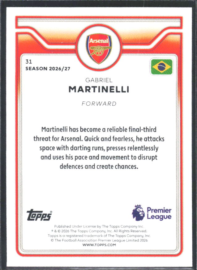 2026-27 Topps Premier League #31 Gabriel Martinelli – baksida