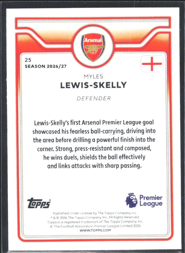2026-27 Topps Premier League #25 Myles Lewis-Skelly – baksida