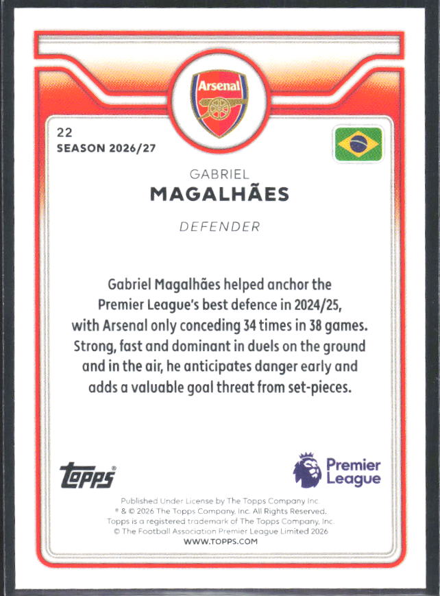 2026-27 Topps Premier League #22 Gabriel Magalhães – baksida