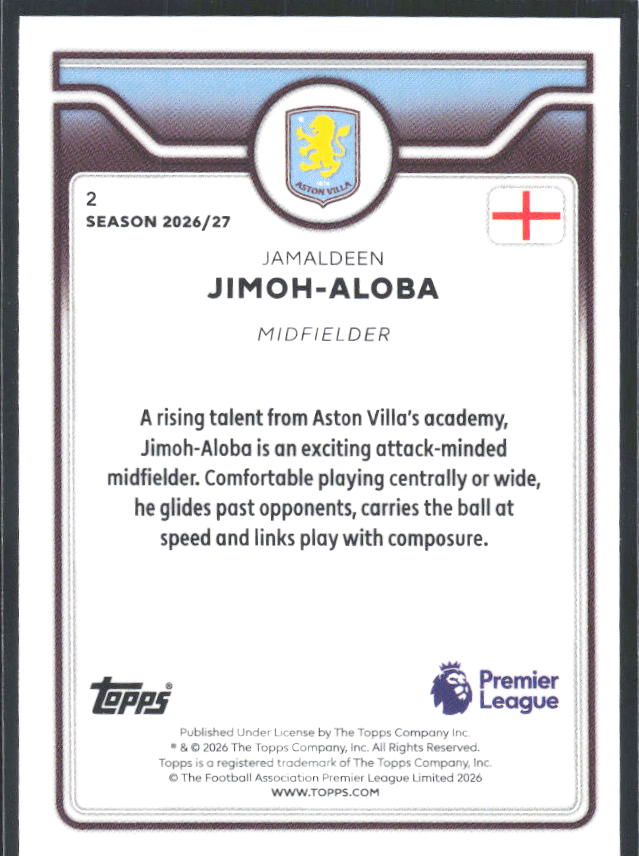 2026-27 Topps Premier League Future Stars #2 Jamaldeen Jimoh-Aloba – baksida