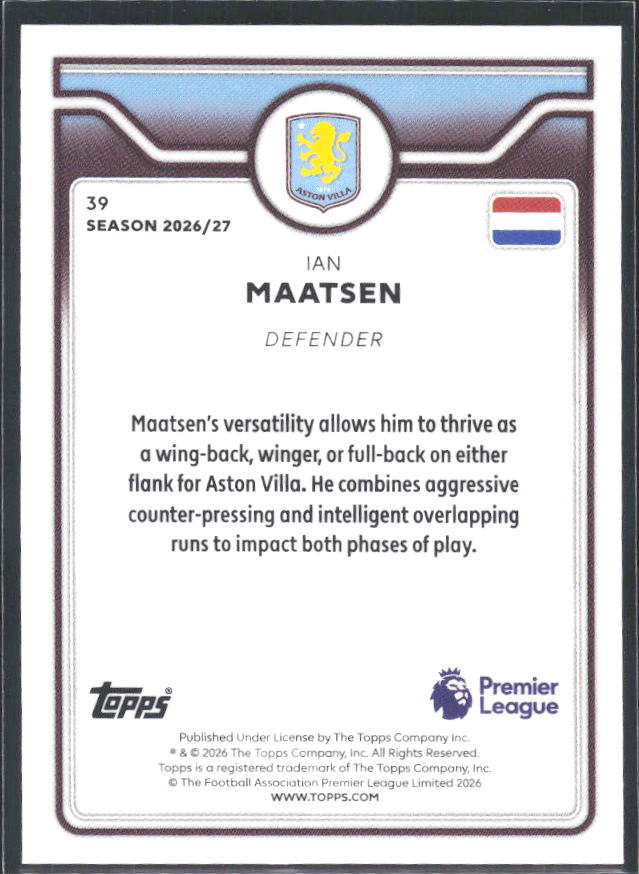 2026-27 Topps Premier League #39 Ian Maatsen – baksida